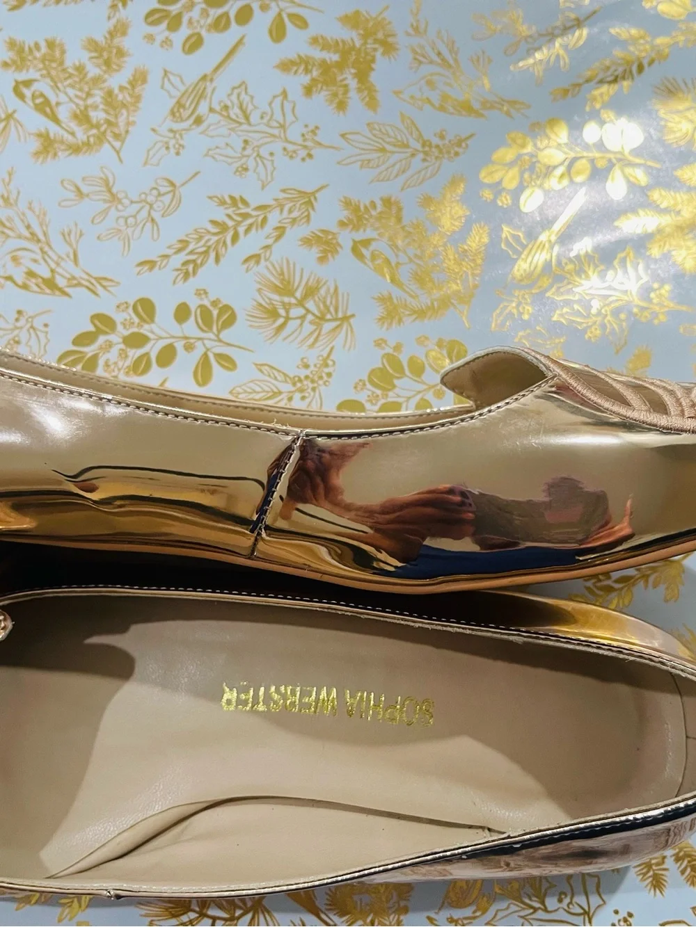 Sophia Webster Gold Metallic Pointed Toe Flats with Embroidered Wing Detail